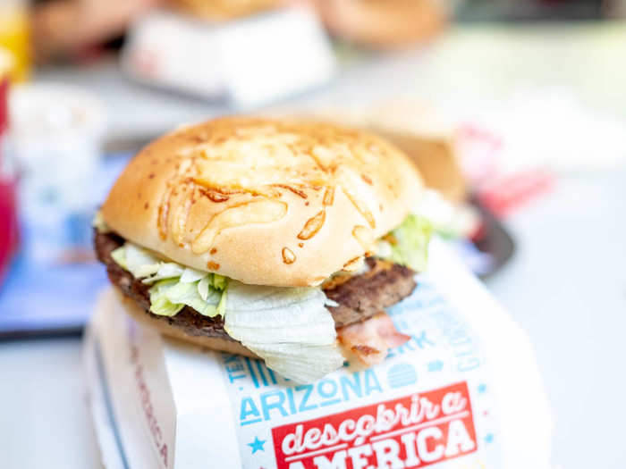 The top of the bun seems to have cheese baked into it and it has crunchy fried onions, cheese, bacon, and a vaguely tropical mayo-based sauce. All in all, the combo isn