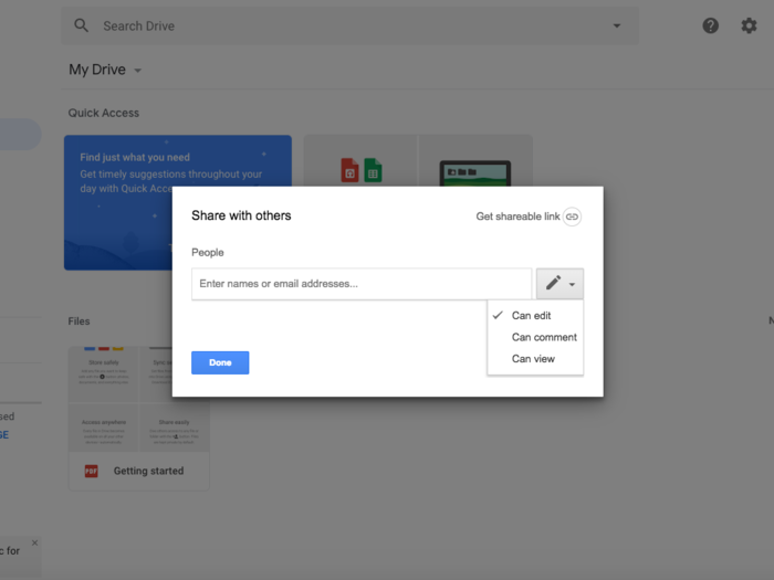 Google Drive uses the same basic formula, with an extra sharing category that lets the recipient of the files write a "comment" within Google Drive.