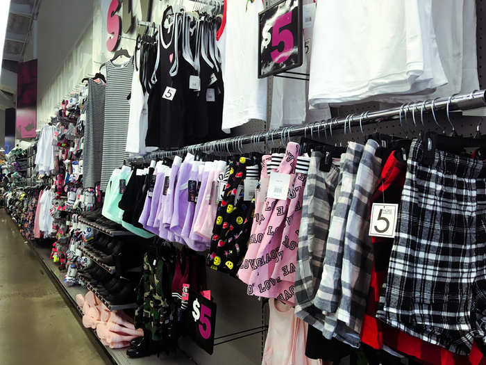 There was a wall of $5 clothes and shoes, selling simple styles like black boots, plain tank tops, and pajamas that you might also find at a store like Target. The styles were all very basic, and the quality was better than you