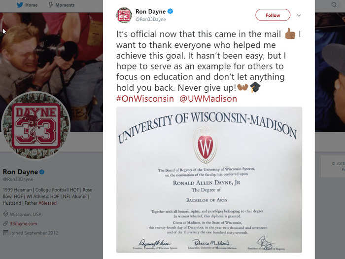 Dayne played in the NFL for seven seasons with the Giants, Broncos, and Texans. In 2018, he went back to school and finally got his degree, which he shared proudly over social media. He also serves as a goodwill ambassador for Wisconsin sports teams, and his daughter plays soccer for the University of Michigan.