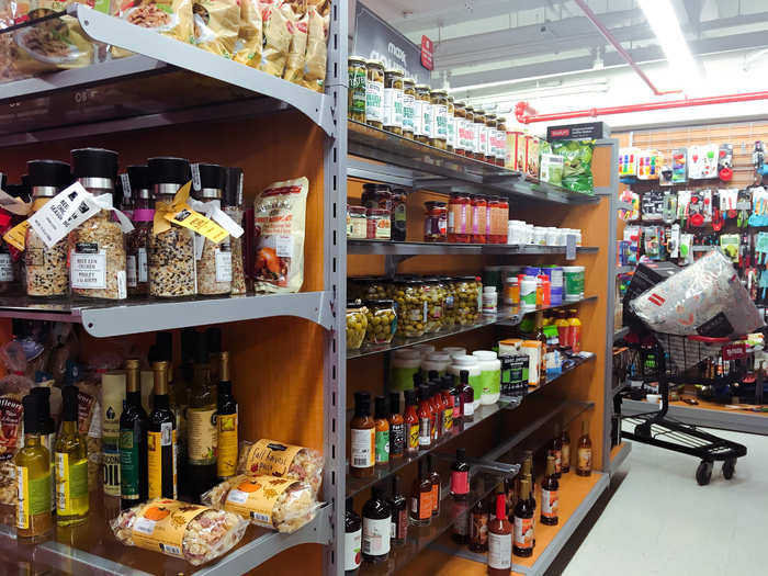 Downstairs were kitchen staples like spices, olive oils, pots, and pans.