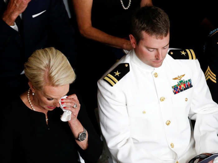 At one point, Cindy McCain was seen dabbing away tears as she sat in front of her husband