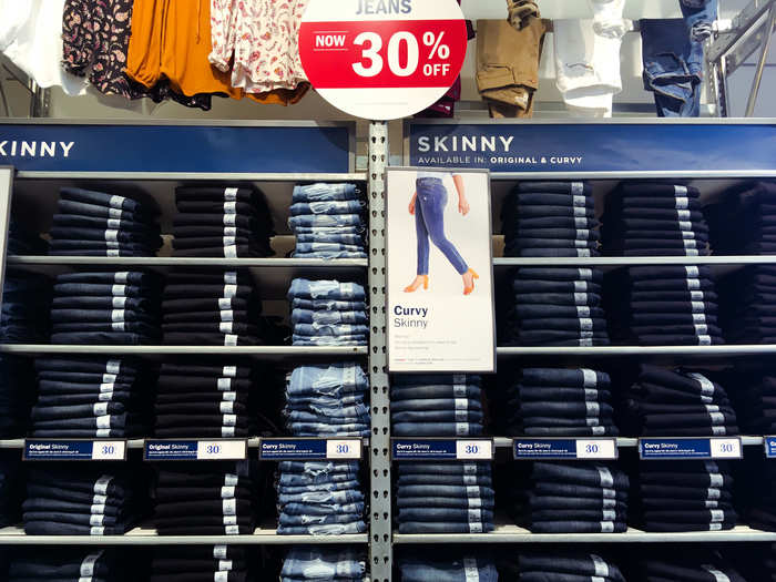 Denim was also lining a wall to the right of the entrance. There was more to choose from then at Gap, and it was less expensive. Each pair cost $39 before the discount.