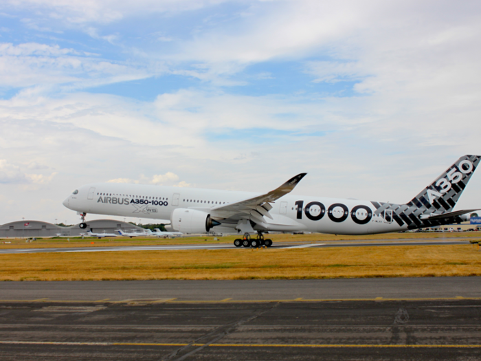 The A350-1000 is 242 feet and one inch long, 19 feet seven inches wide with a wing space of 212 feet five inches.