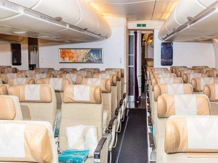 Once inside, the economy class cabin fills the entire main deck of the Etihad A380.