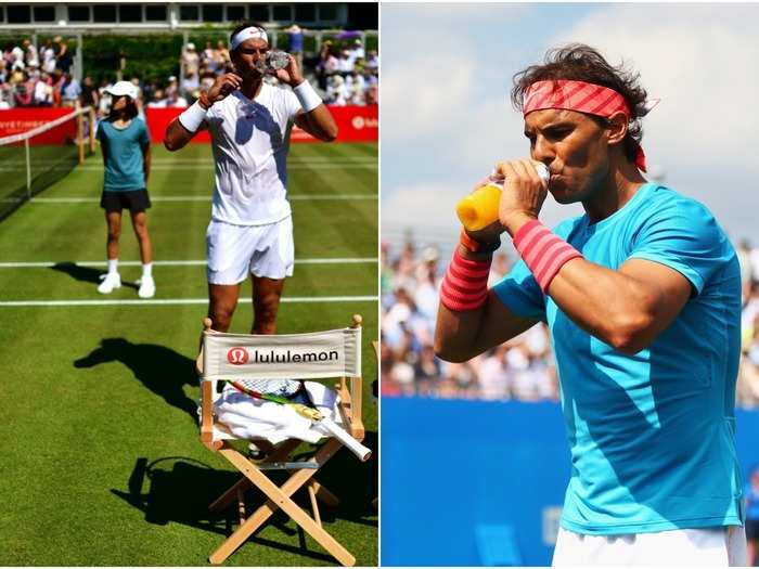 Tennis is a physically-demanding sport often played in tremendous heat, and so it is of the utmost importance to stay hydrated. On court, Nadal quenches his thirst with water and isotonic drinks.