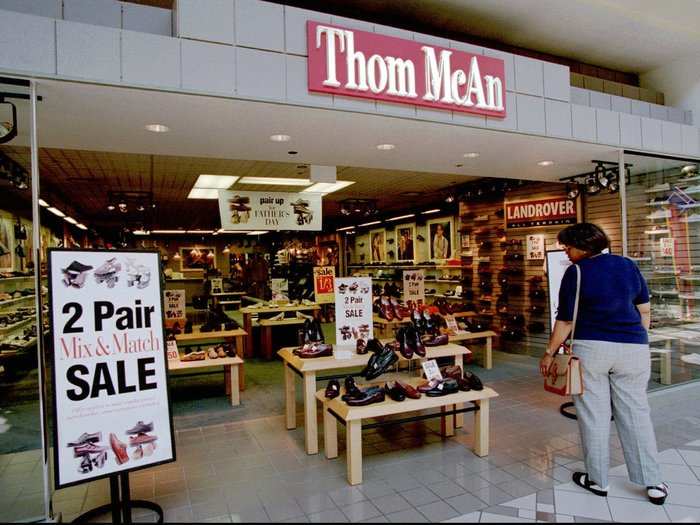 Thom McAn was a chain of shoe stores that had over 1,400 stores at its peak in the 1960s. The chain had closed by 1996, but Thom McAn shoes are still available at Sears and Kmart.