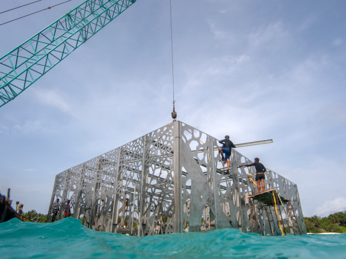 The structure is made of 180 tons of architectural elements, including 66 marine-grade steel panels.