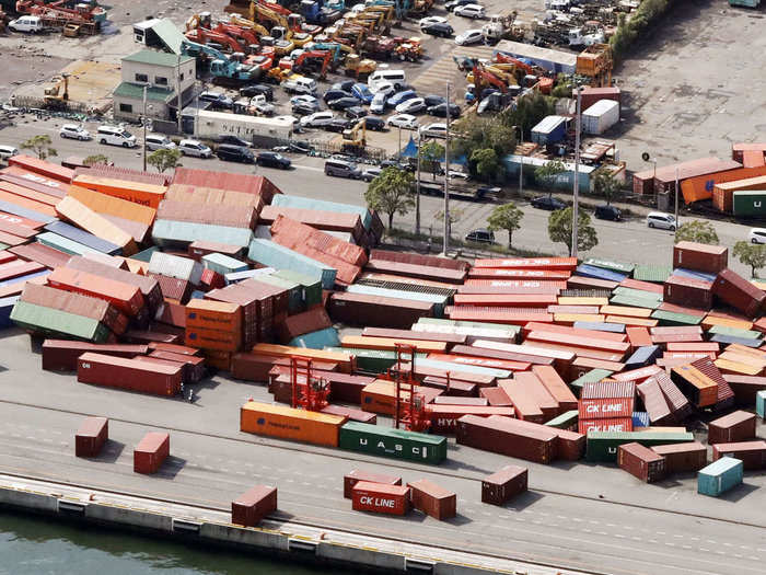 When the typhoon made landfall on Tuesday, it brought with it 100-miles-per-hour winds that toppled shipping containers in the industrial areas of Kobe, Japan.