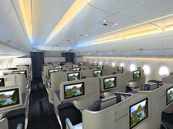 The airline says the cabins have up to four times less noise, as well as controlled temperature and humidity to help reduce jet lag. Business Class has a 1-2-1 layout.