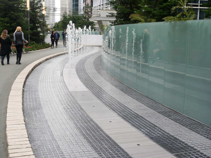 ...until I saw spigots along the middle spewing water! A plaque further down described how the installation was designed.