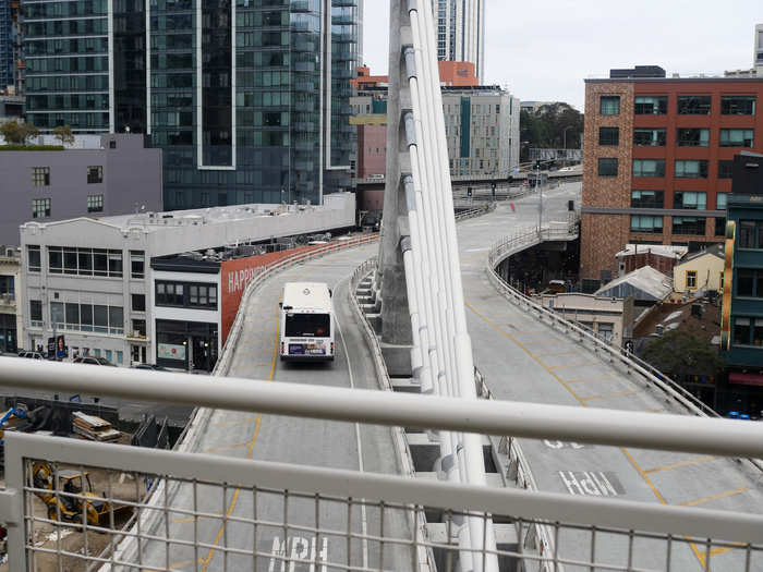 Over on the west side of the park, the six-block-long "mini Bay Bridge" can be seen, where buses can easily enter the Bus Deck from the actual Bay Bridge without having to maneuver through the city