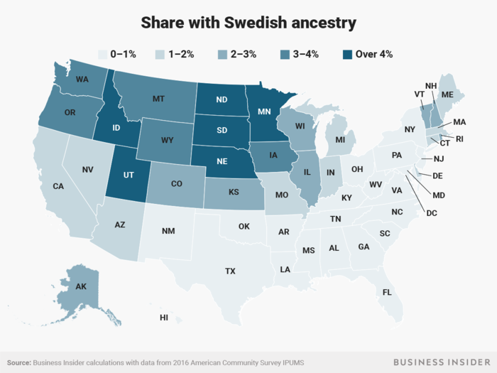 Swedish ancestry is most common in the Great Plains and mountain states