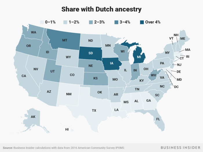 South Dakota, Iowa, and Michigan have relatively large numbers of residents with Dutch ancestry