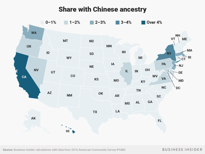 California and Hawaii have relatively large shares of residents with Chinese ancestry