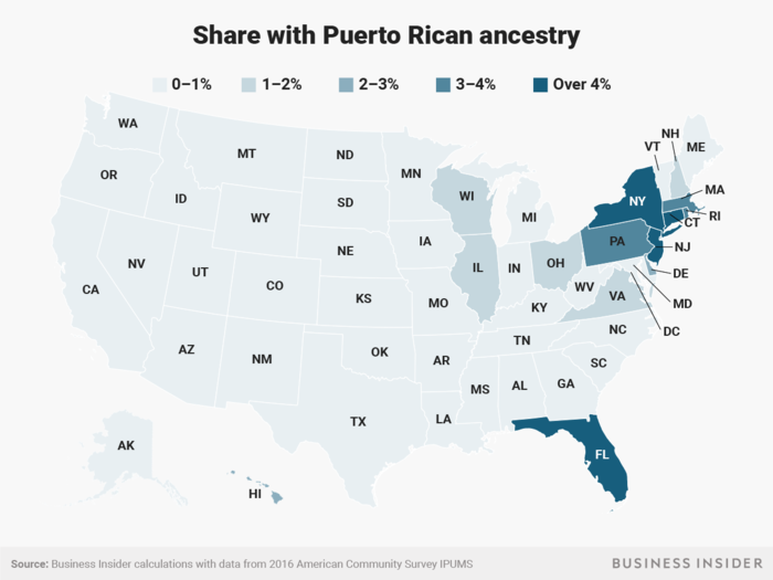 Puerto Rican ancestry is most common in the mid-Atlantic states and Florida