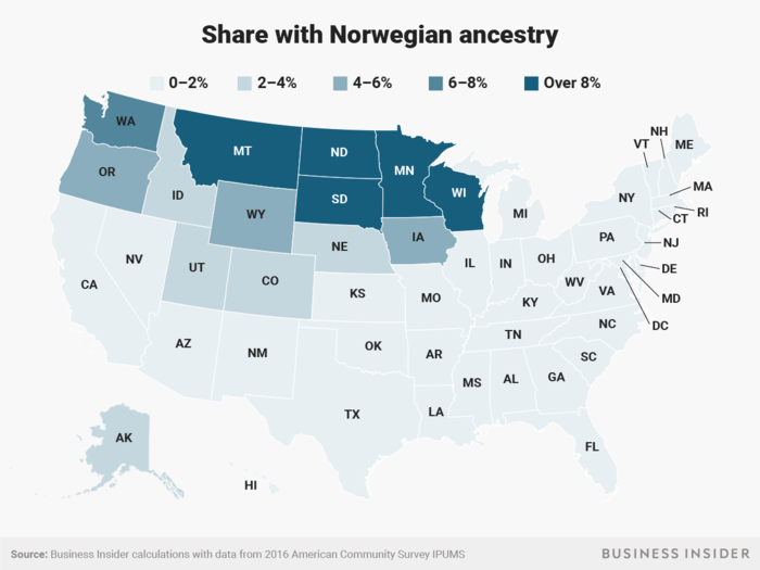 Montana, North Dakota, South Dakota, Minnesota, and Wisconsin all have many residents with Norwegian ancestry