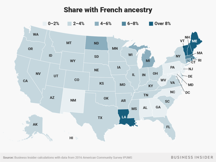 French ancestry is most common in Louisiana and the northeast