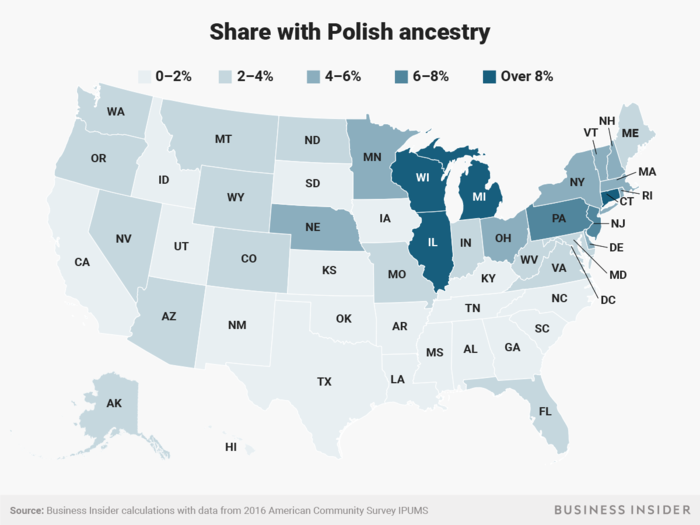 Many Americans with Polish ancestry live in Wisconsin, Michigan, Illinois, and Connecticut