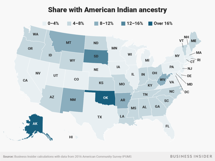 Alaska, Oklahoma, and South Dakota have large numbers of residents with American Indian ancestry