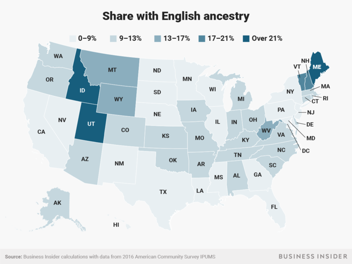 States with a relatively high proportion of residents identifying as English are scattered across the country