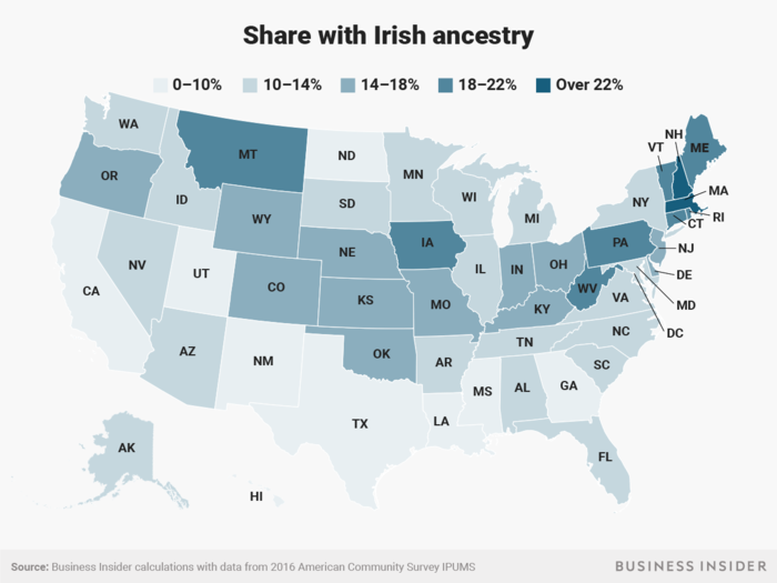 Irish ancestry is most concentrated in the northeast