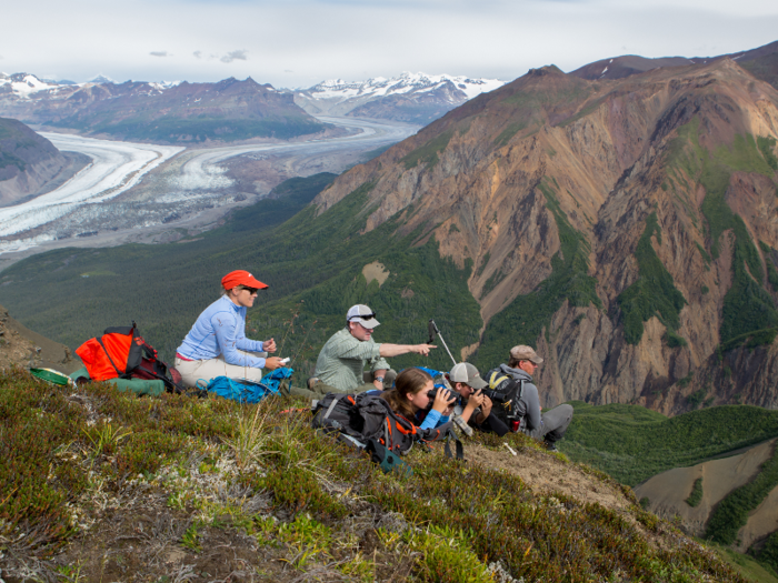 Guests can get out into the wilderness on hiking trips for sweeping views of mountains, glaciers, and the Chitina River.