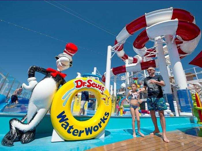 There may be no place more fun onboard than Deck 12. Dr. Seuss Waterworks, the giant water park featuring slides and spray toys is located here.