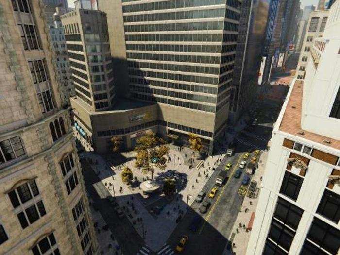 The shrinking continues as Spider-Man swings up Broadway toward Herald Square.