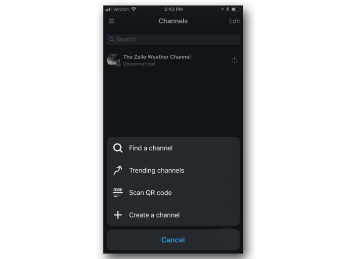 Zello lets you join existing channels or create your own. To check out some of the available channels, click "Channels" in the menu, then navigate to "Trending Channels."