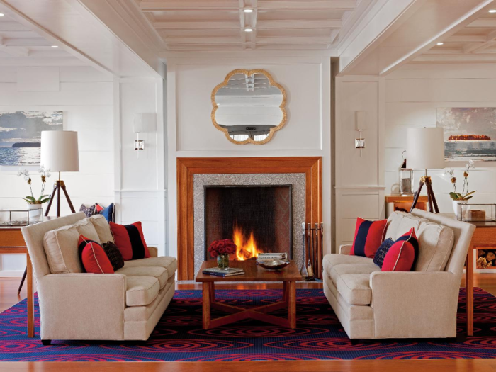 Guests are greeted with a cozy fireplace in the lobby.