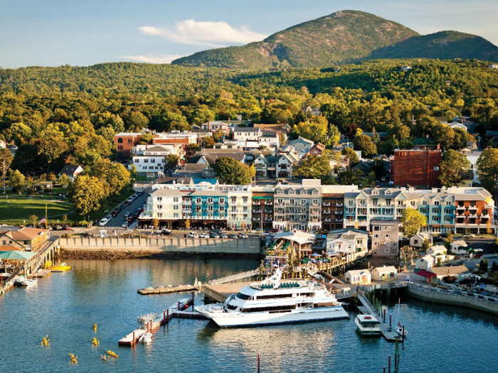 The multicolored West Street Hotel sits along Bar Harbor