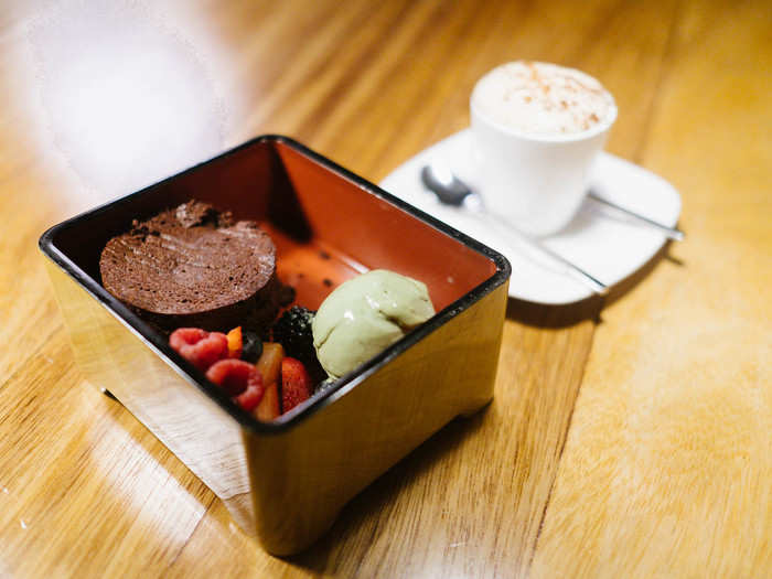 Against my better judgment, I went for dessert, a creative "bento box" featuring a chocolate soufflé, matcha ice cream, and a variety of fruit perfectly matched to the chocolate: strawberries, raspberries, etc. It was sinful.