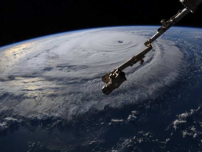 This oblique view of the cyclone shows its outer bands just within reach of Cape Hatteras, North Carolina — near where the storm