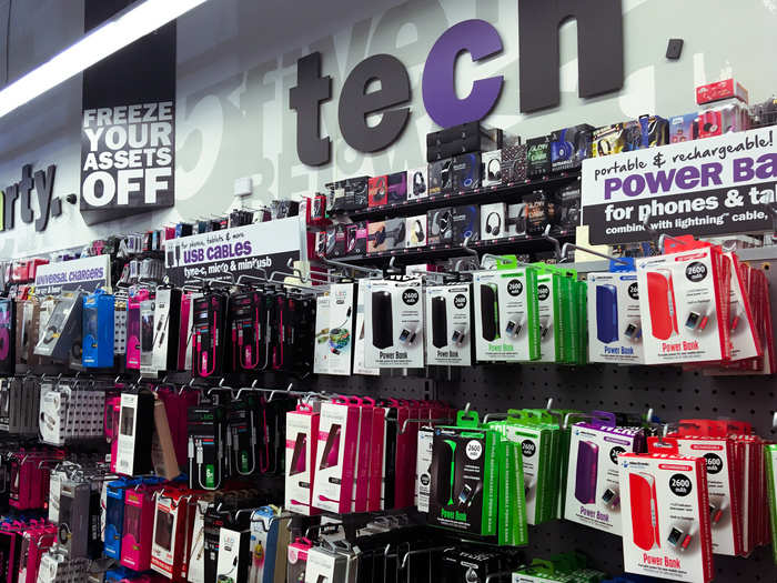 Five Below carried electronics like headphones and phone chargers from recognizable brands like Maxwell.