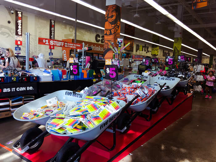 Near the front of the store were wheelbarrows filled with school supplies like pens and pencils, all for $5 of less. The same products typically cost $8-10 at stores like Staples or Target.