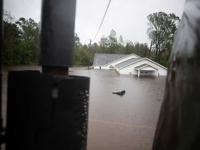 A church is nearly flooded over outside of Richlands, North Carolina.