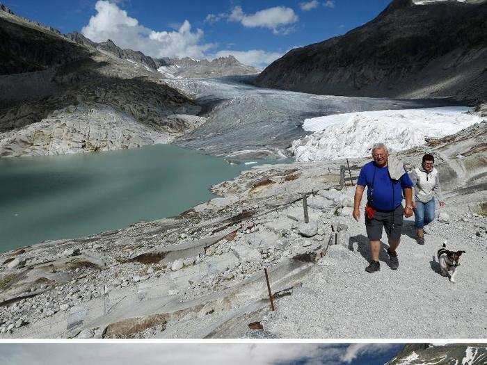 The top photo shows the amount of ice on the glacier in September 2018, while the bottom image was taken in July 2008.