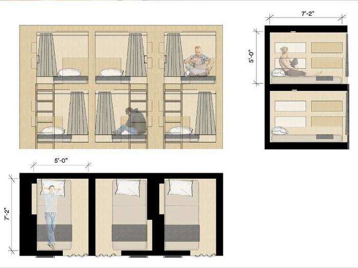 Bedrooms come in three sizes: 20-bed pods, 12-bed pods, or a two-bed room.