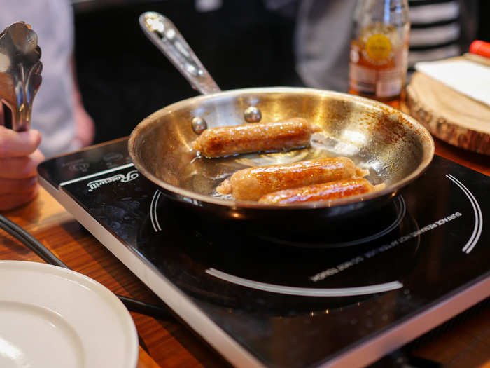 Spears and co-founder Andra Necula teamed up with Matt Murphy, a butcher and sausage chef, to get their recipe just right. Because the sausage casing they used was vegan, it was extra delicate — meaning Murphy had to be careful to avoid too much blistering, which could cause the links to break apart in the pan.