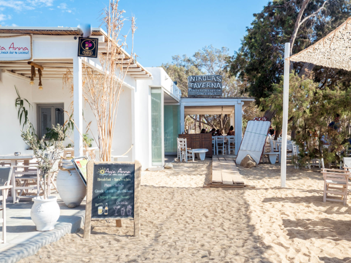 But, as soon as I headed to Platys Gialos, a somewhat ritzier beach area, there was no cheap food to be found. At Agia Anna Beach, I ate at Nikolas Taverna, many people