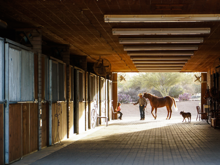 The ranch houses world-class equestrian facilities that include a six-stall stable and 16-stall "mare motel," which have housed some of the world