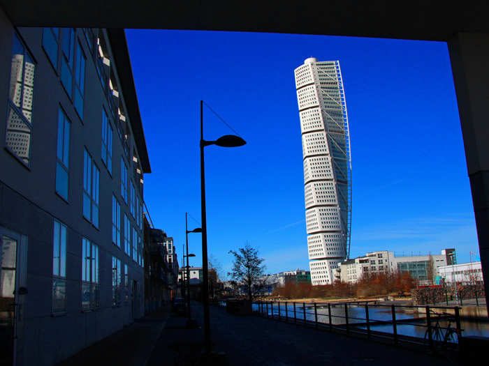 The Turning Torso twists toward the sky in Malmo, Sweden.