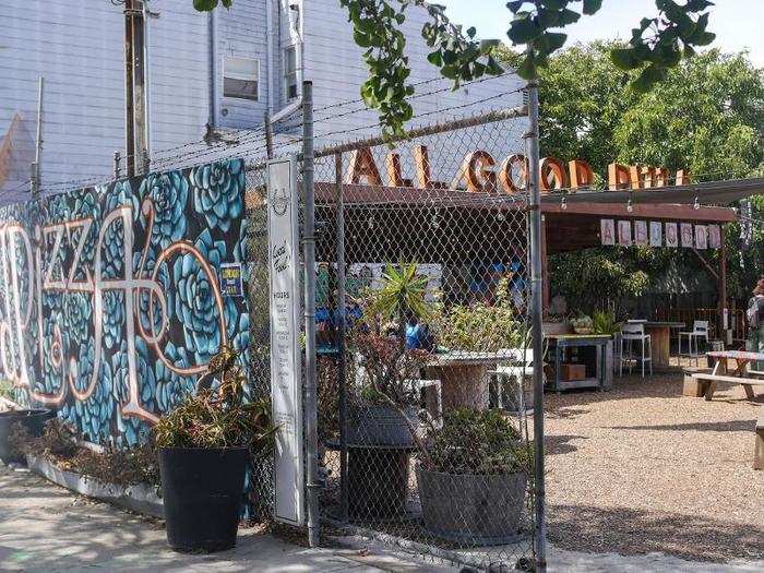 ...and also owns All Good Pizza, an outdoor counter a few blocks up whose wafting smells of cheese and dough made me wish that the chicken and waffles hadn