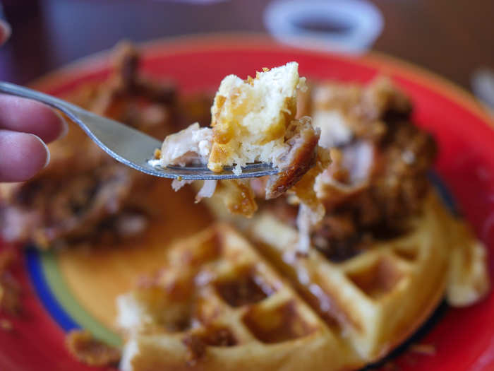 ...and my world has not been the same since. The warm maple syrup and fluffy waffles mixed with the piping hot fried chicken was the most delicious thing I