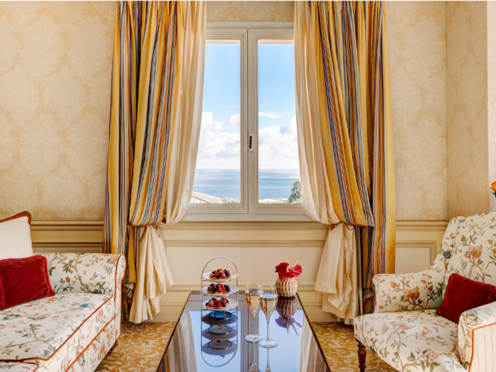 The deluxe "Mer" suite, with a view of the Mediterranean Sea and the hotel