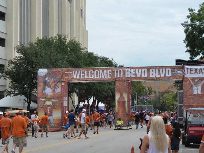 While traditional tailgating can be found in plenty of places, we were more interested in the new tailgate outside of the stadium run by the school, "Bevo Blvd."