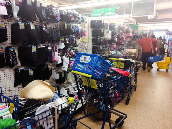 Dollar Tree sold basic clothing items like socks and plain T-shirts, but it was hard to shop in this particular aisle because of how messy it was.