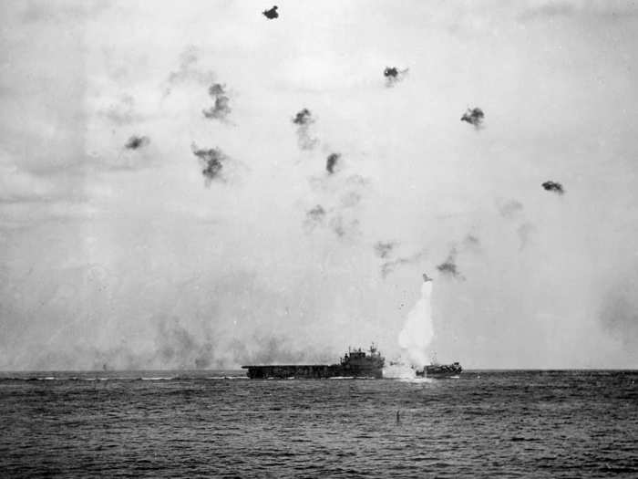 The Enterprise is hit by a Kamikaze pilot on May, 14, 1945, blowing its forward elevator about 400 feet into the air.