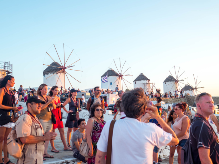 "Outside of the beaches, the main thing to see in Mykonos is the windmills that sit above the Hora, or main town of the island," Jacobs wrote. "But during sunset, and when the cruise-shippers come in, the area is swarmed with people trying to get selfies."